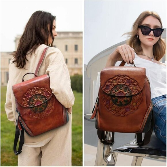 ?Women brown Small Genuine Leather Backpack Fashion Vintage Embossed Totem Bag main image 4